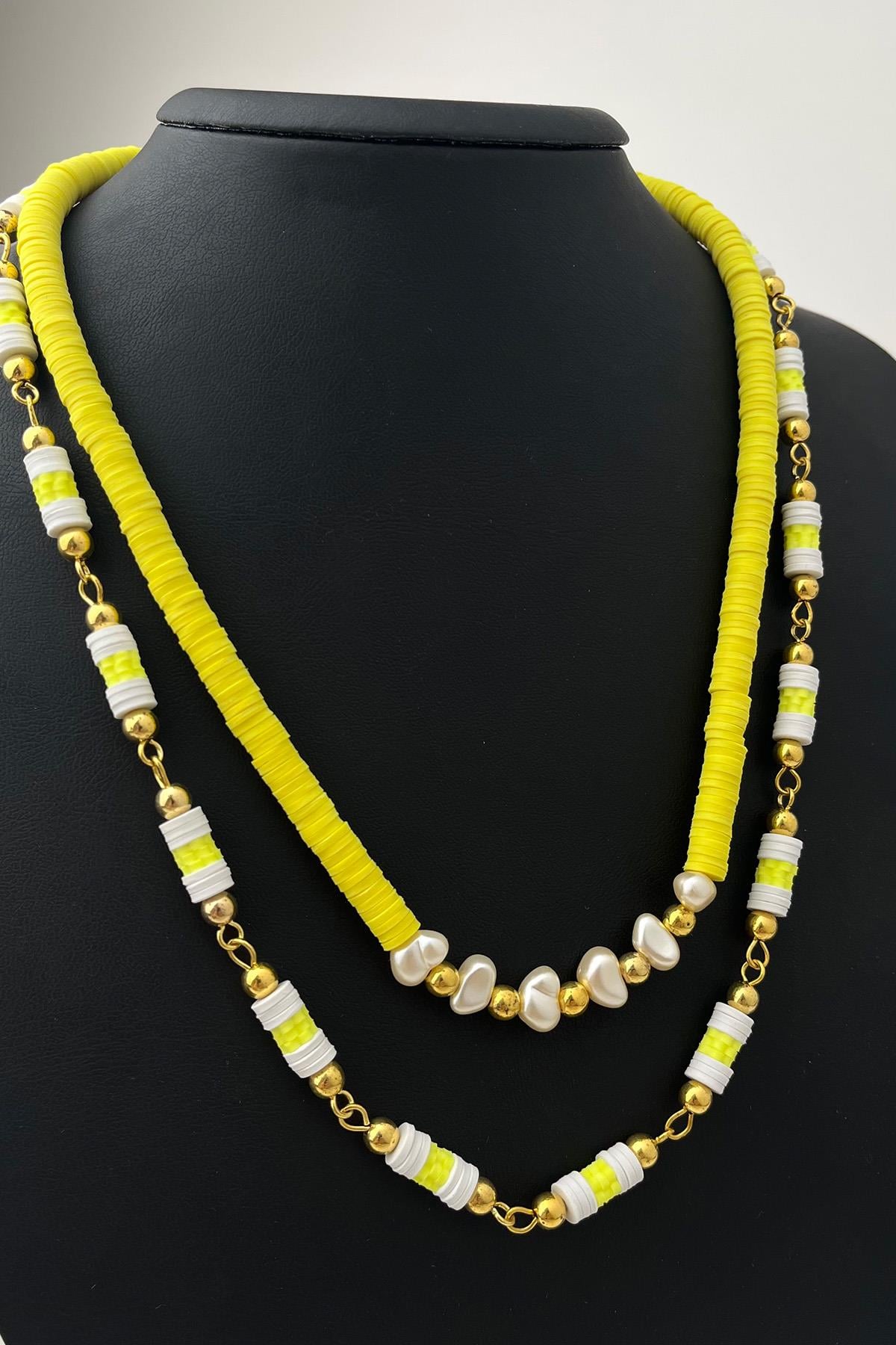 Fosforlu Sarı İkili Fimo Kolye (Ölçü:43+5 cm)