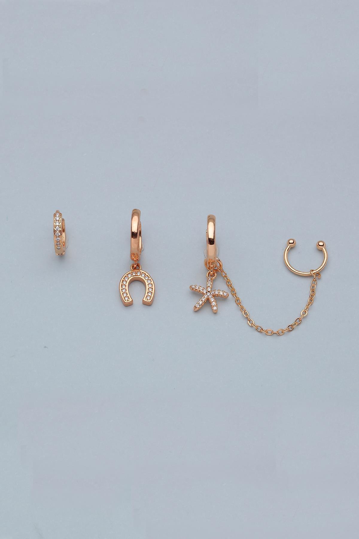 Gold Dörtlü Zirkon Taş Küpe