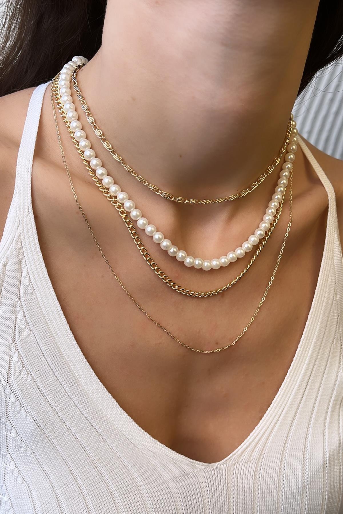 Gold İncili Dörtlü Kombin Kolye