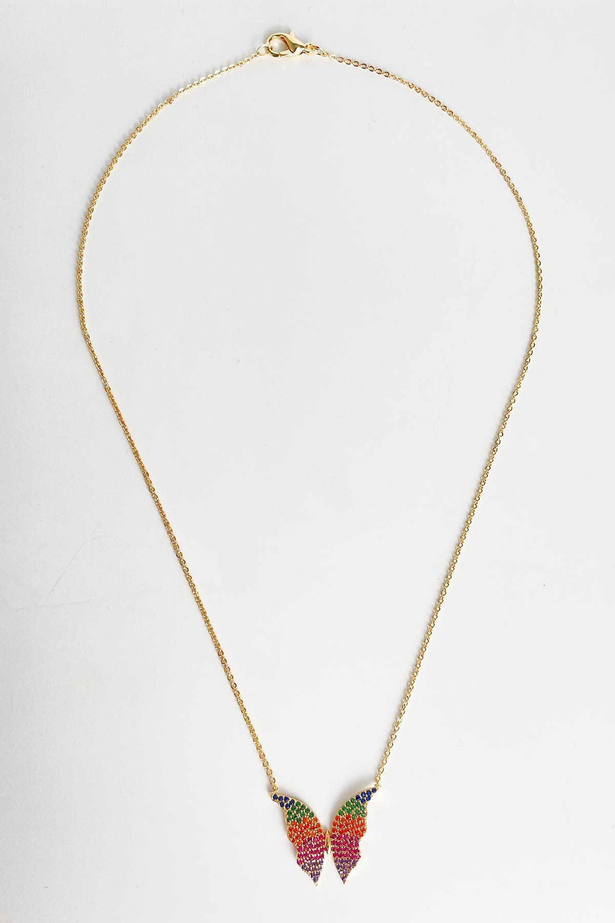 Gold Multi Zirkon Taşlı Kelebek Kolye
