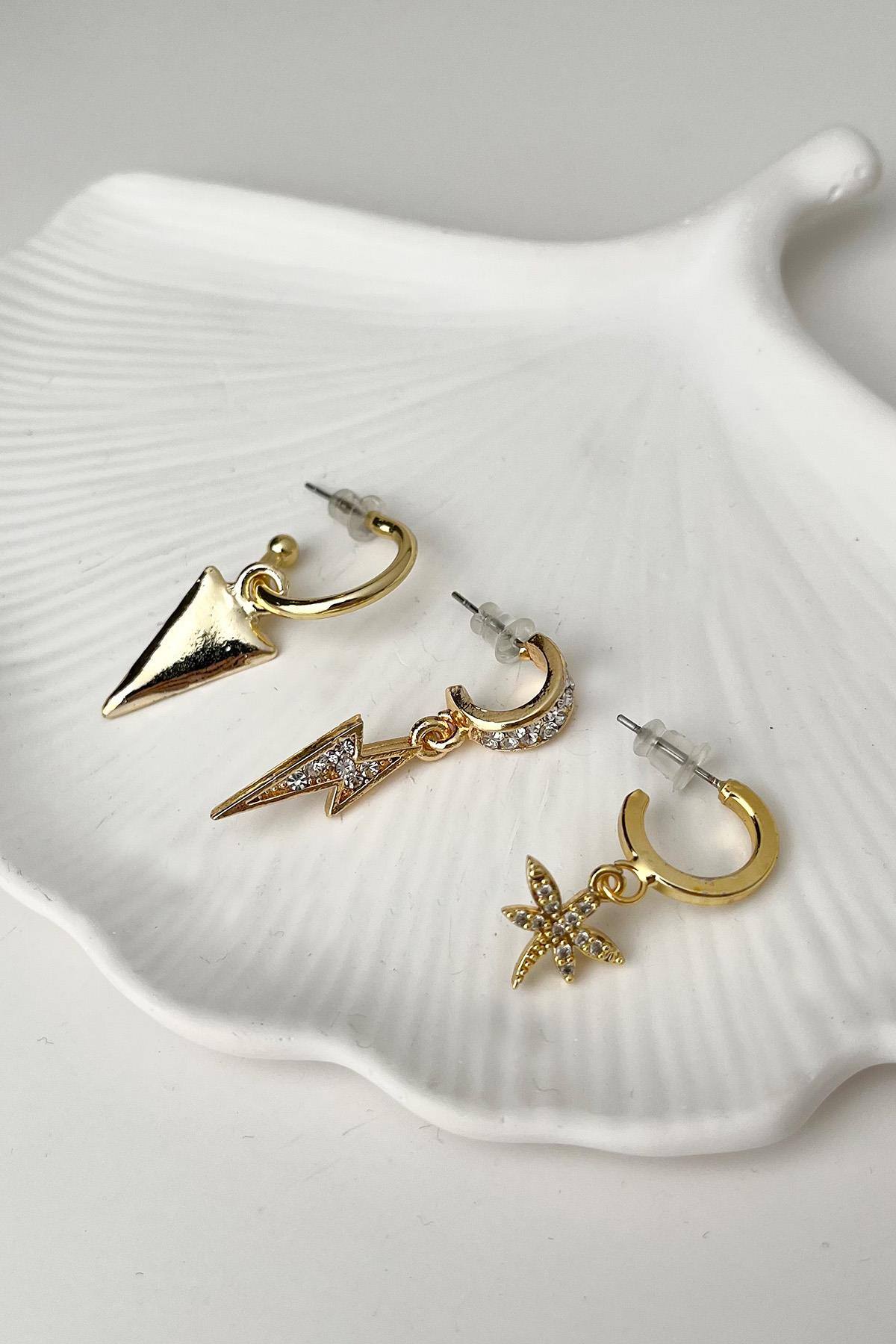 Gold Üçlü Küpe Seti