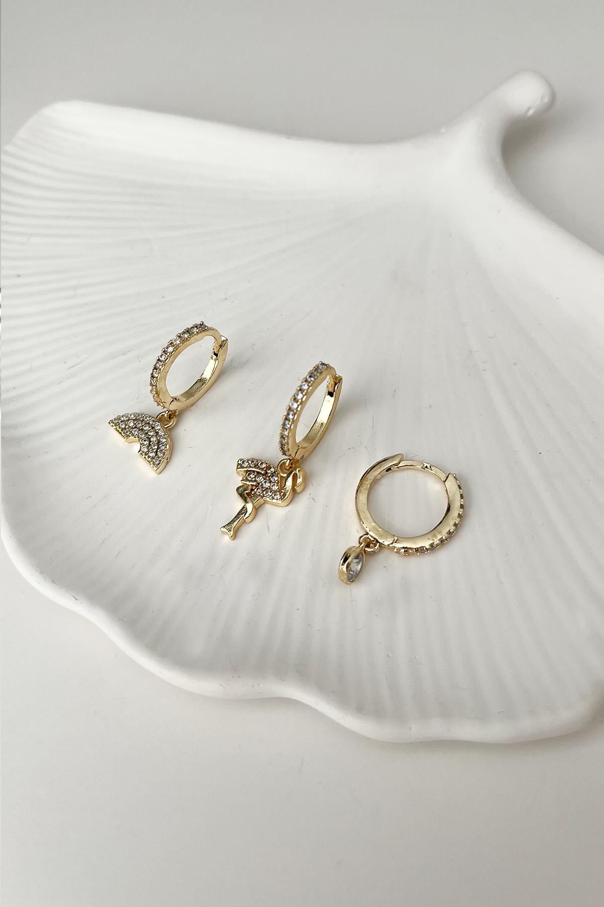 Gold  Zirkon Taşlı Küpe Seti