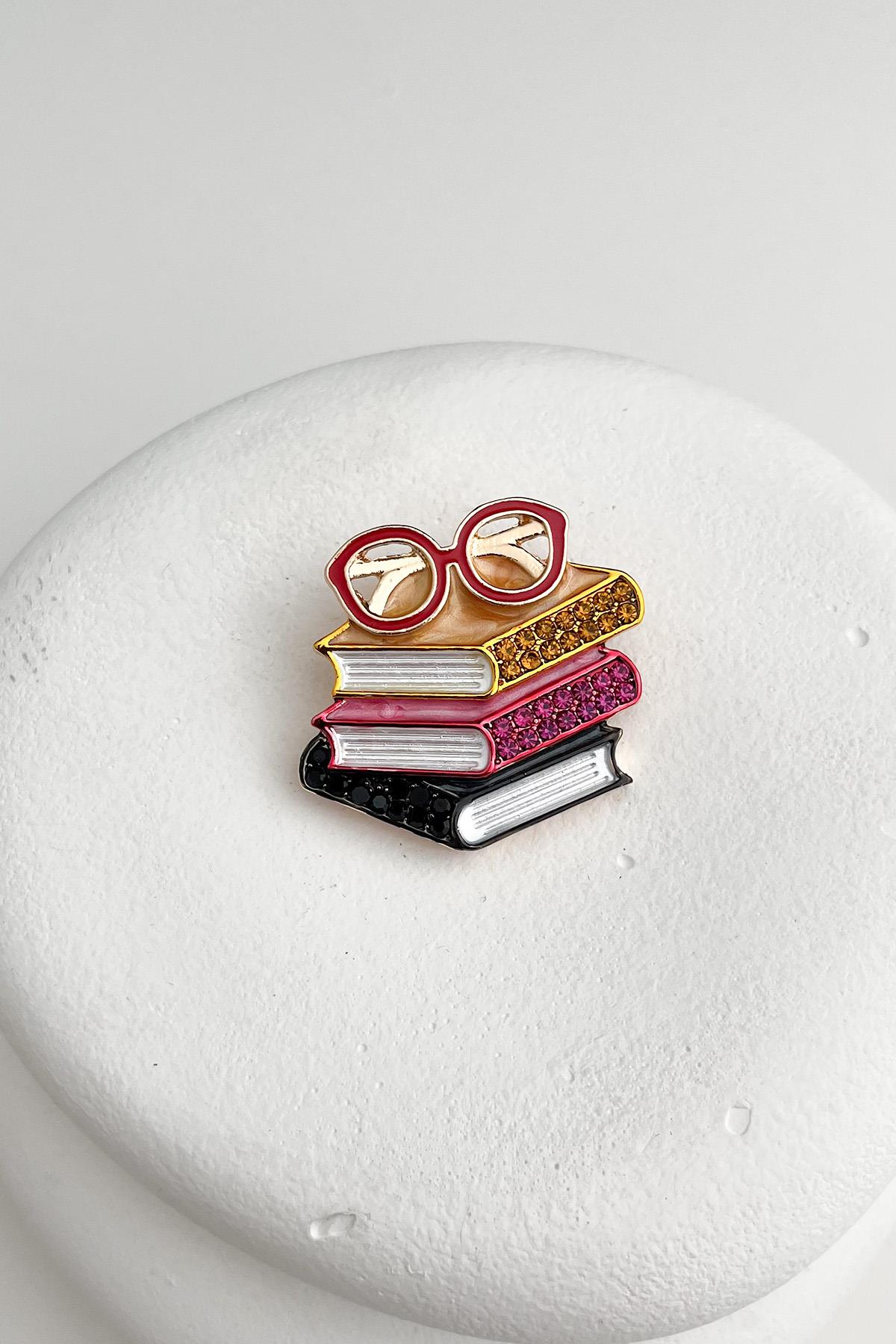 Gözlük Detaylı Taşlı Kitaplar Broş (3cm)