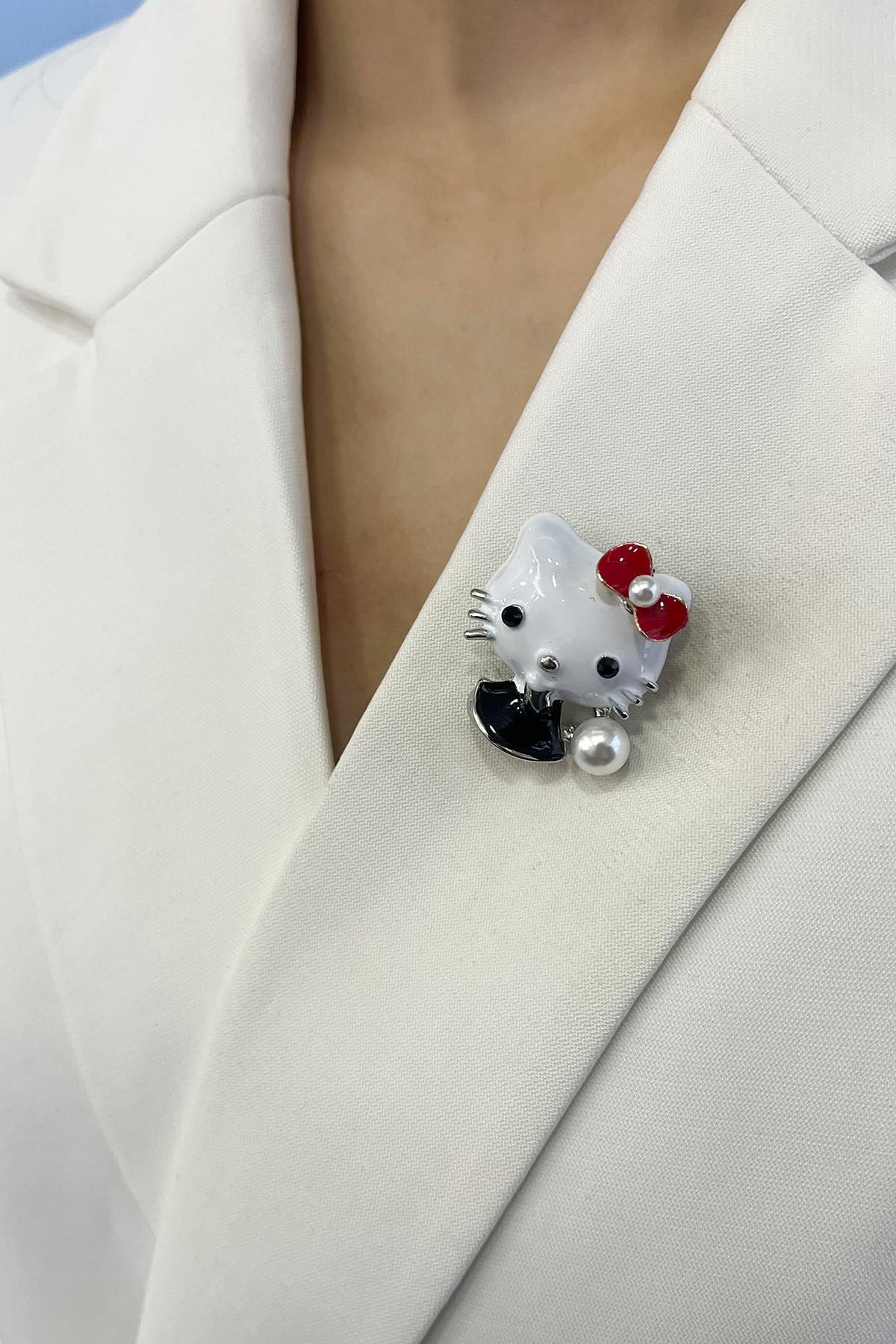 Gümüş Rengi Mineli İnci Detaylı Kedi Broş (3cm)
