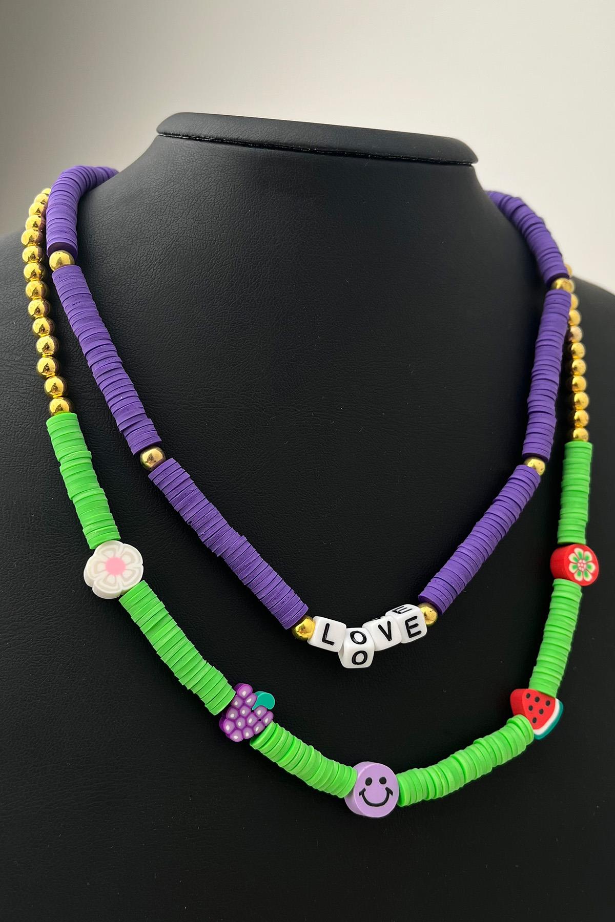 İkili Meyve Figürlü Renkli  Fimo Kolye (Ölçü:43+5 cm)