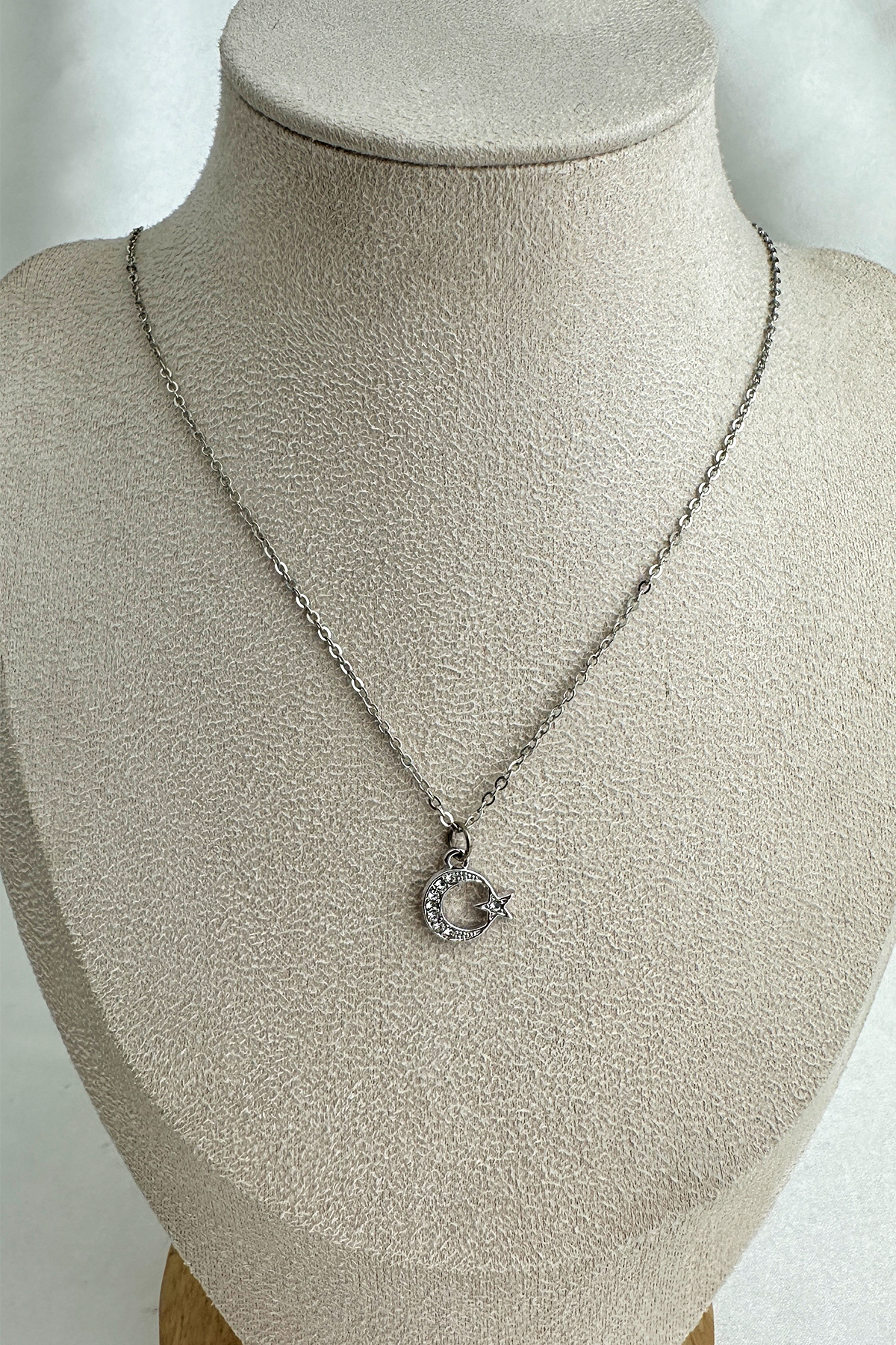 İnce Zincir Taşlı Minimal Ay Yıldız Kolye (40+5cm)