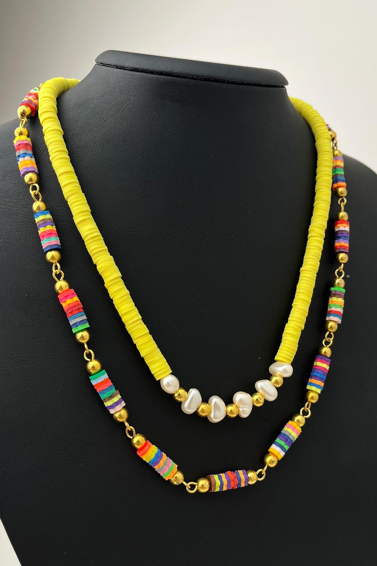 İnci Detaylı Renki İkili Fimo Kolye (Ölçü:43+5 cm)