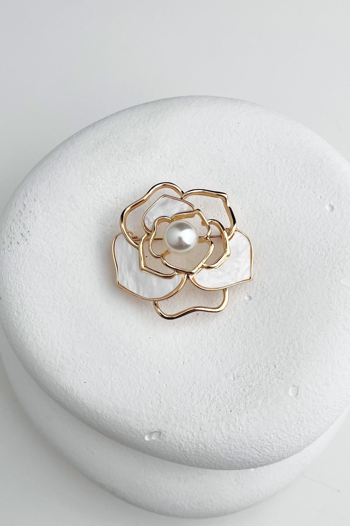 İnci Detaylı Sedef Gül Broş (4cm)