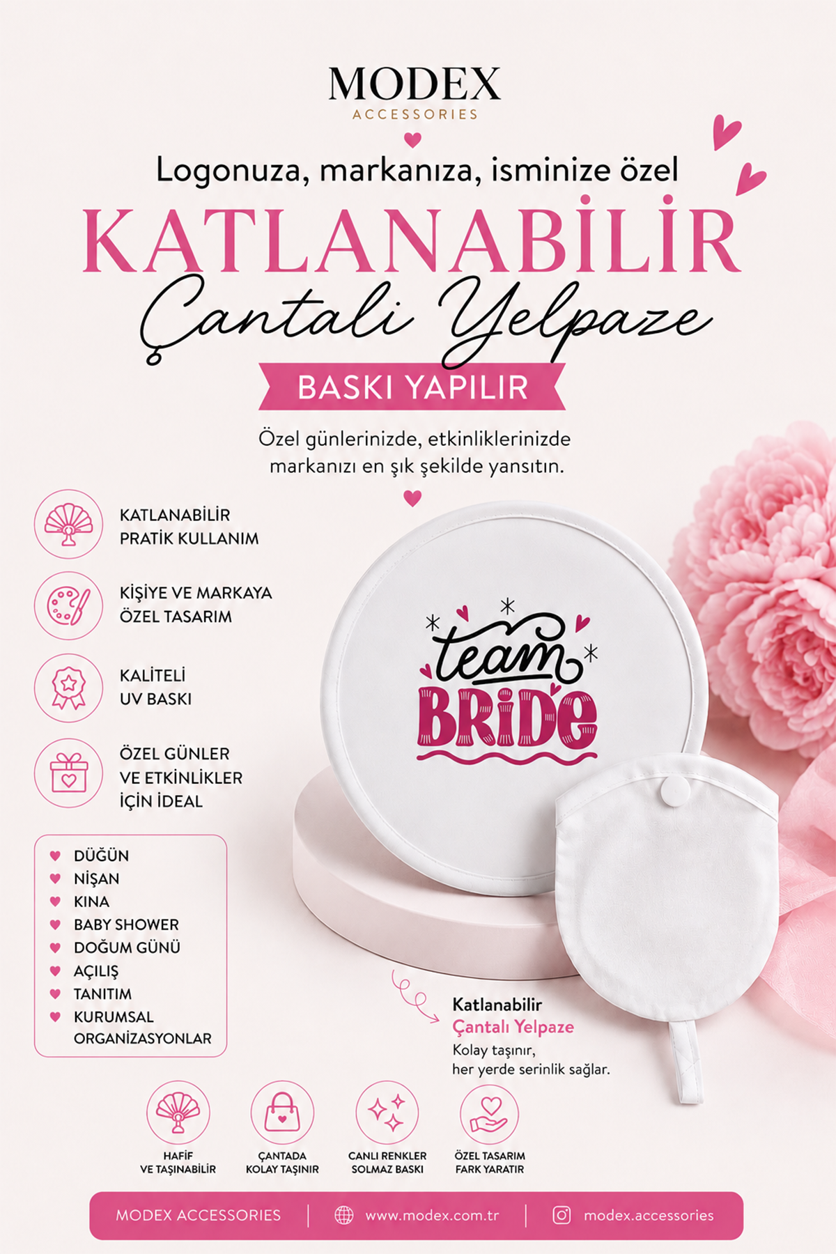 Kişiselleştirilmiş Beyaz Zemin Üzeri Logonuza Markanıza İsminize Özel Katlanabilir Yelpaze Üretimi