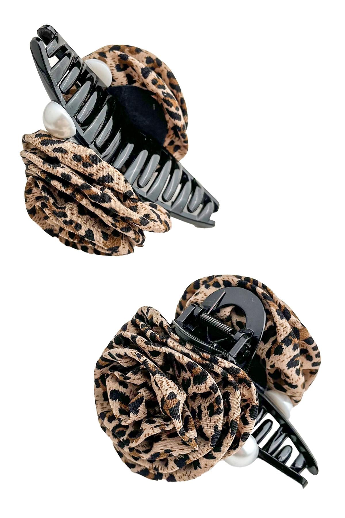 Leopar Desenli Beyaz İncili Gül Kıskaç Toka (12cm)