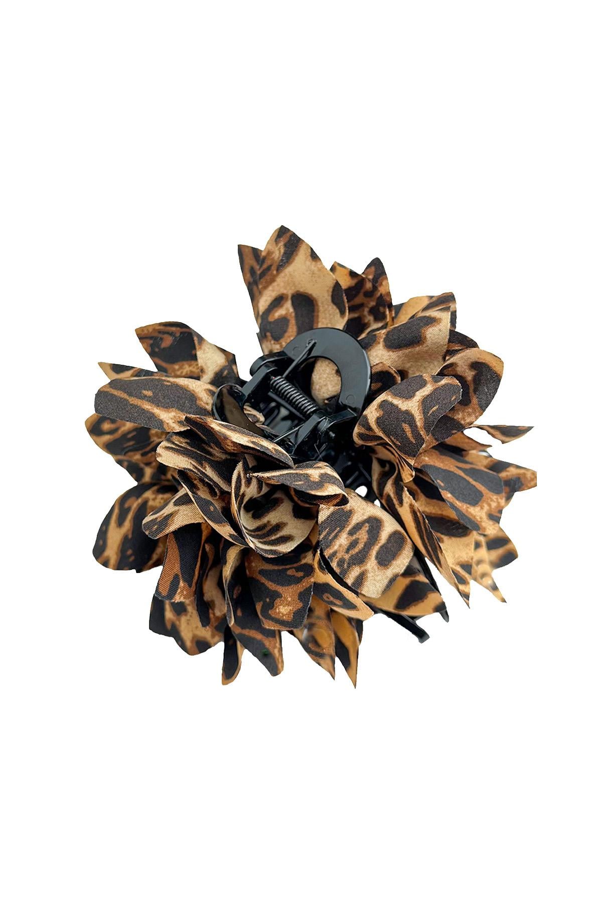 Leopar Desenli Yaprak Gül Kıskaç Toka (12cm)