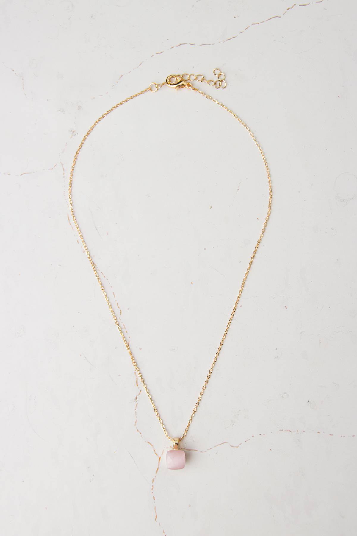 Minimal Toz Pembe  Kare Taşlı Kolye