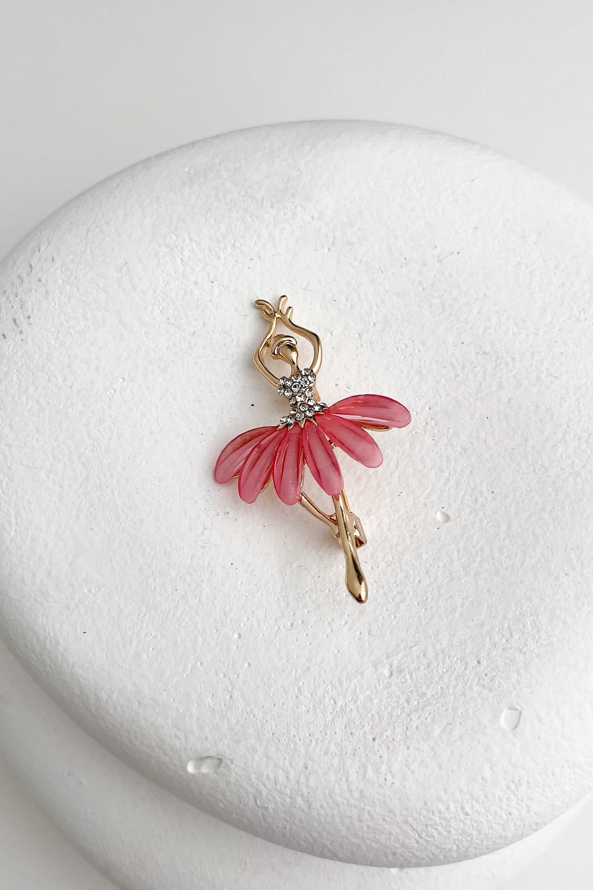 Pembe Etekli Taşlı Balerin Broş (5cm)