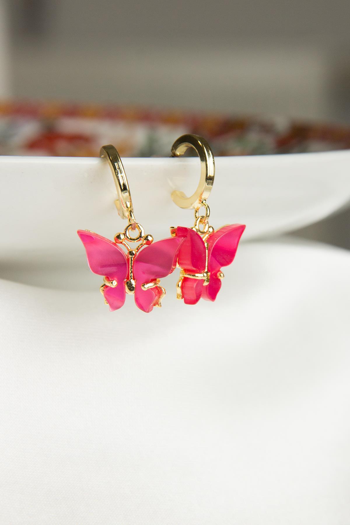 Pembe  Kelebek Figürlü Küpe