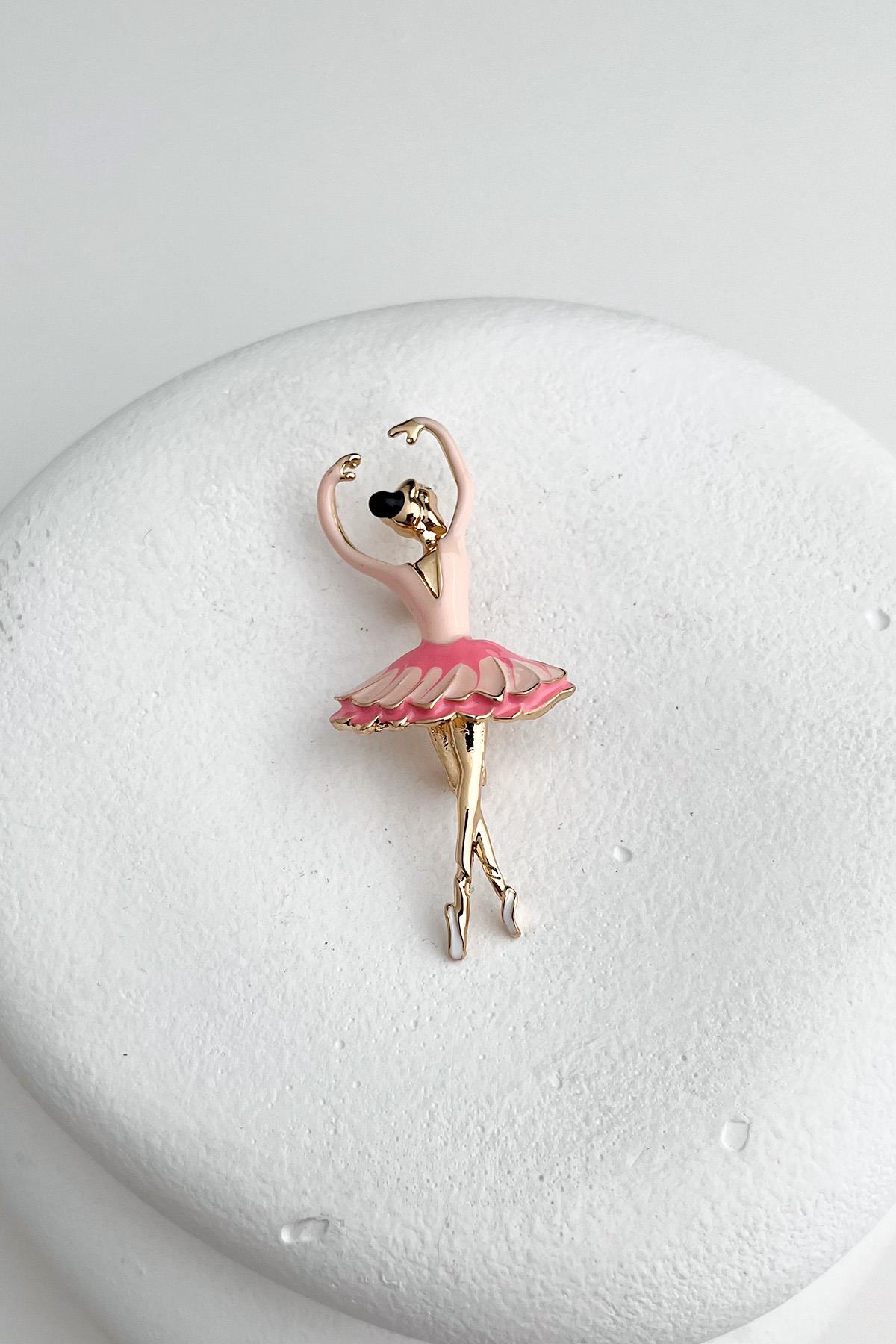 Pembe Kıyafetli Mineli Balerin Broş (5cm)