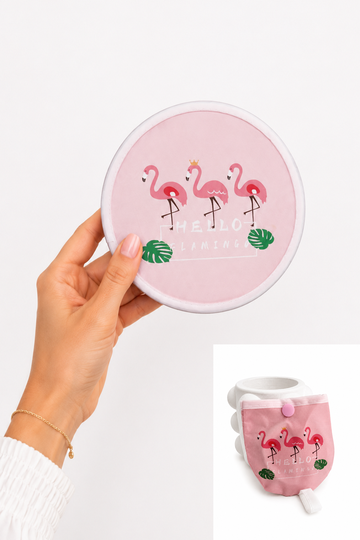 Pembe Üçlü Flamingo Desen Katlanabilir Çantalı Yelpaze (21*21)