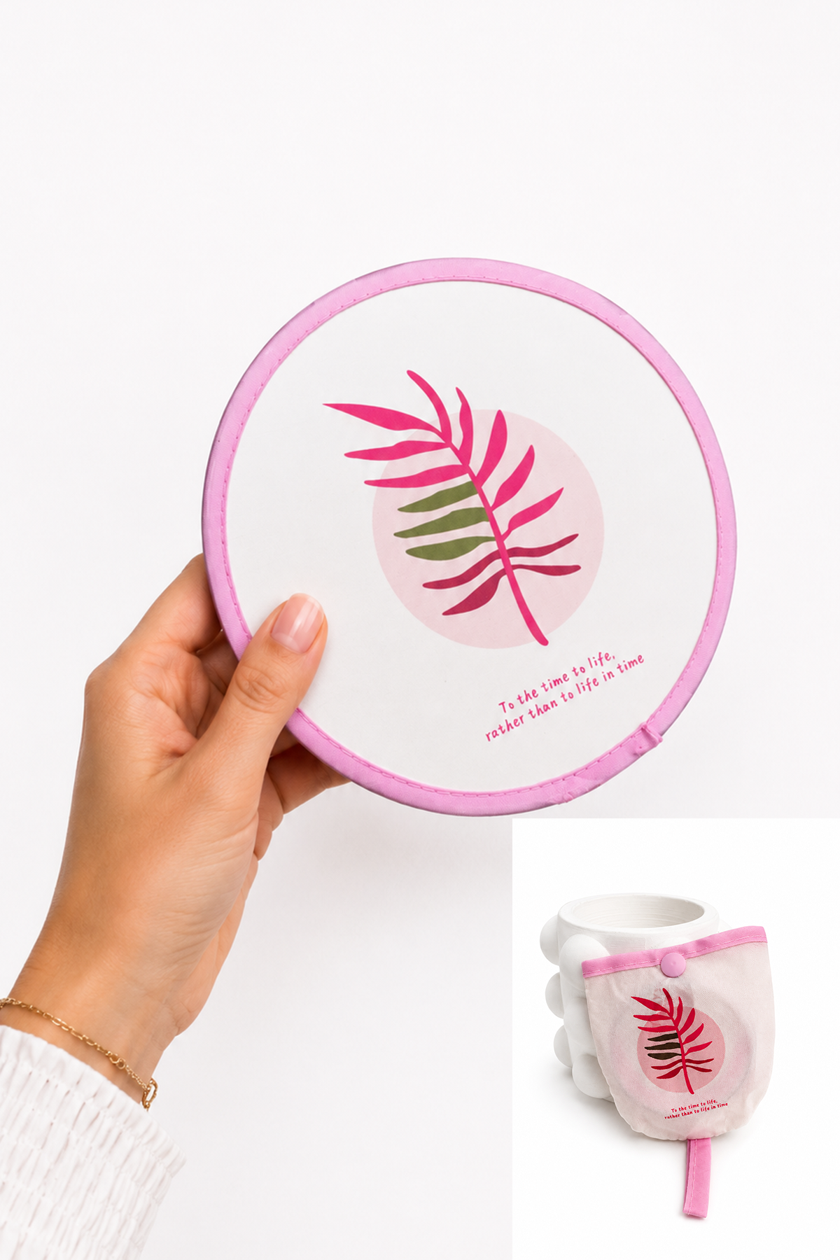 Pembe Yaprak Desen Katlanabilir Çantalı Yelpaze (21*21)