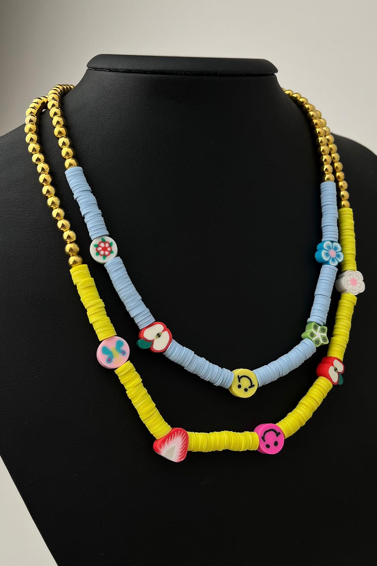 Renkli Figürlü İkili Fimo Kolye (Ölçü:43+5 cm)