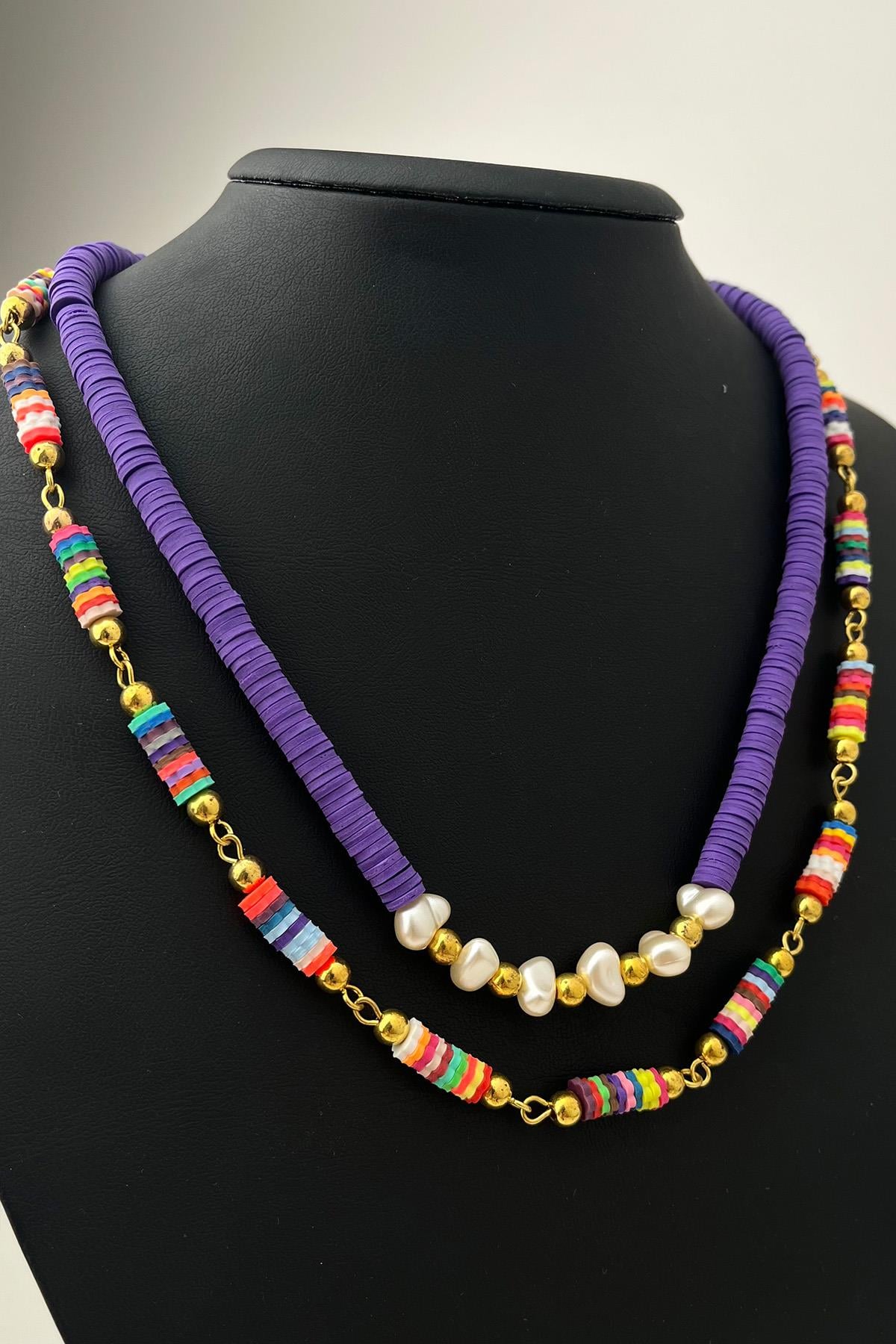 Renkli İkili Fimo Kolye (Ölçü:43+5 cm)
