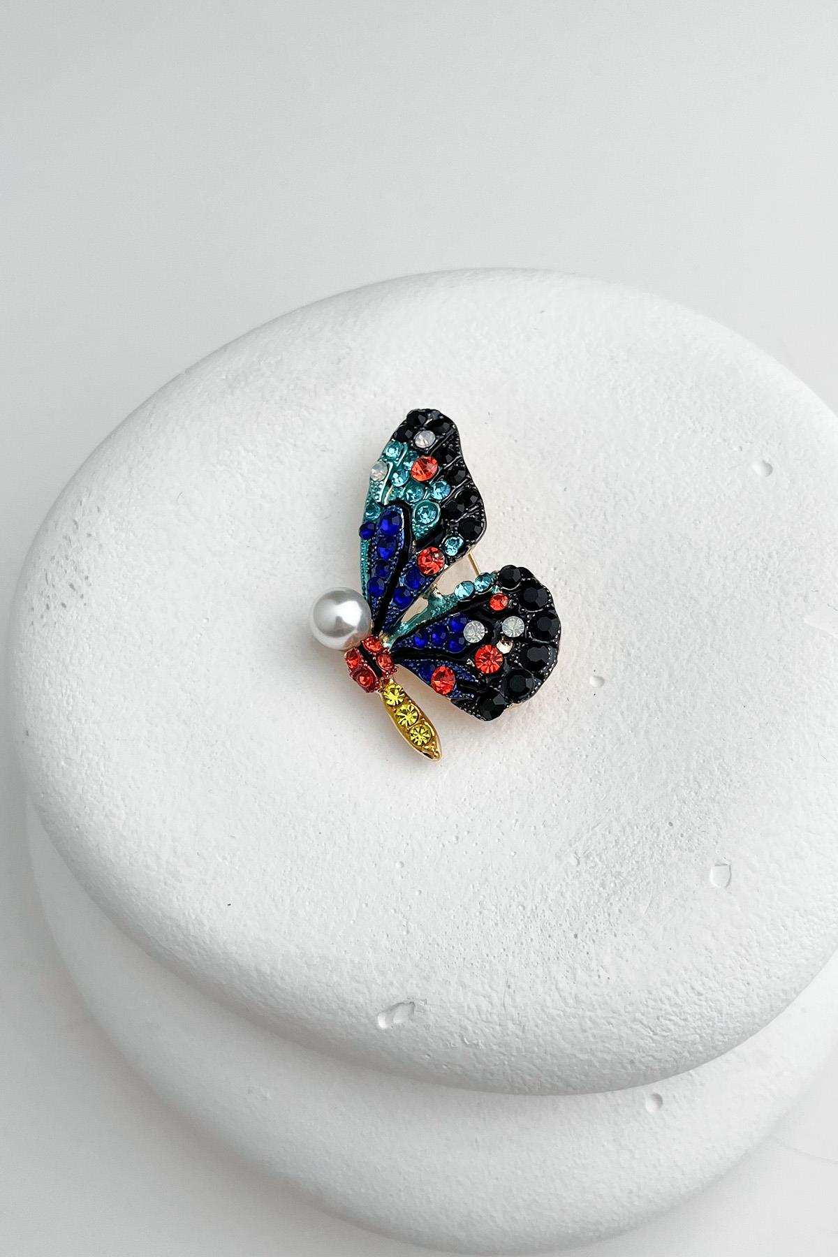 Renkli İnci Detaylı Taşlı Kelebek Broş (5cm)