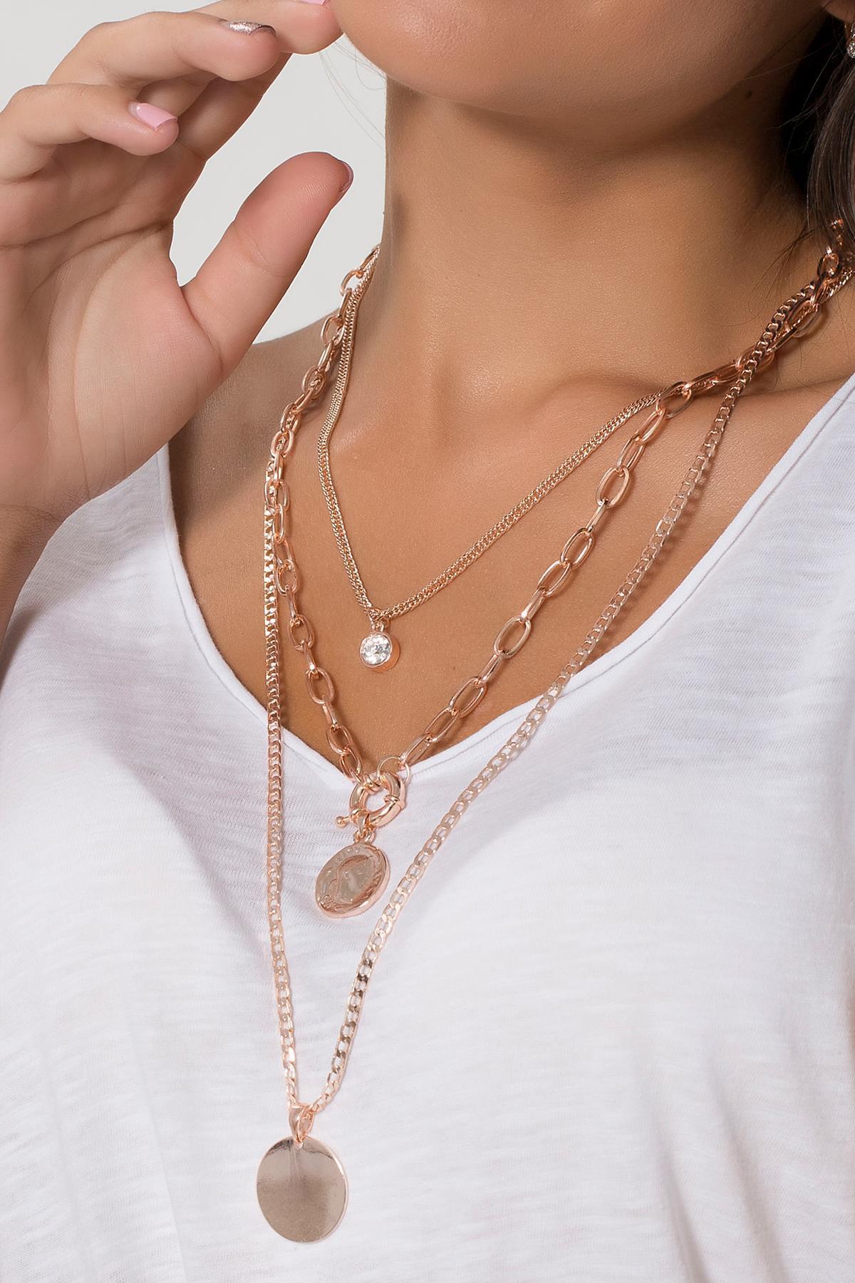 Rose Madalyonlu Üçlü Kolye