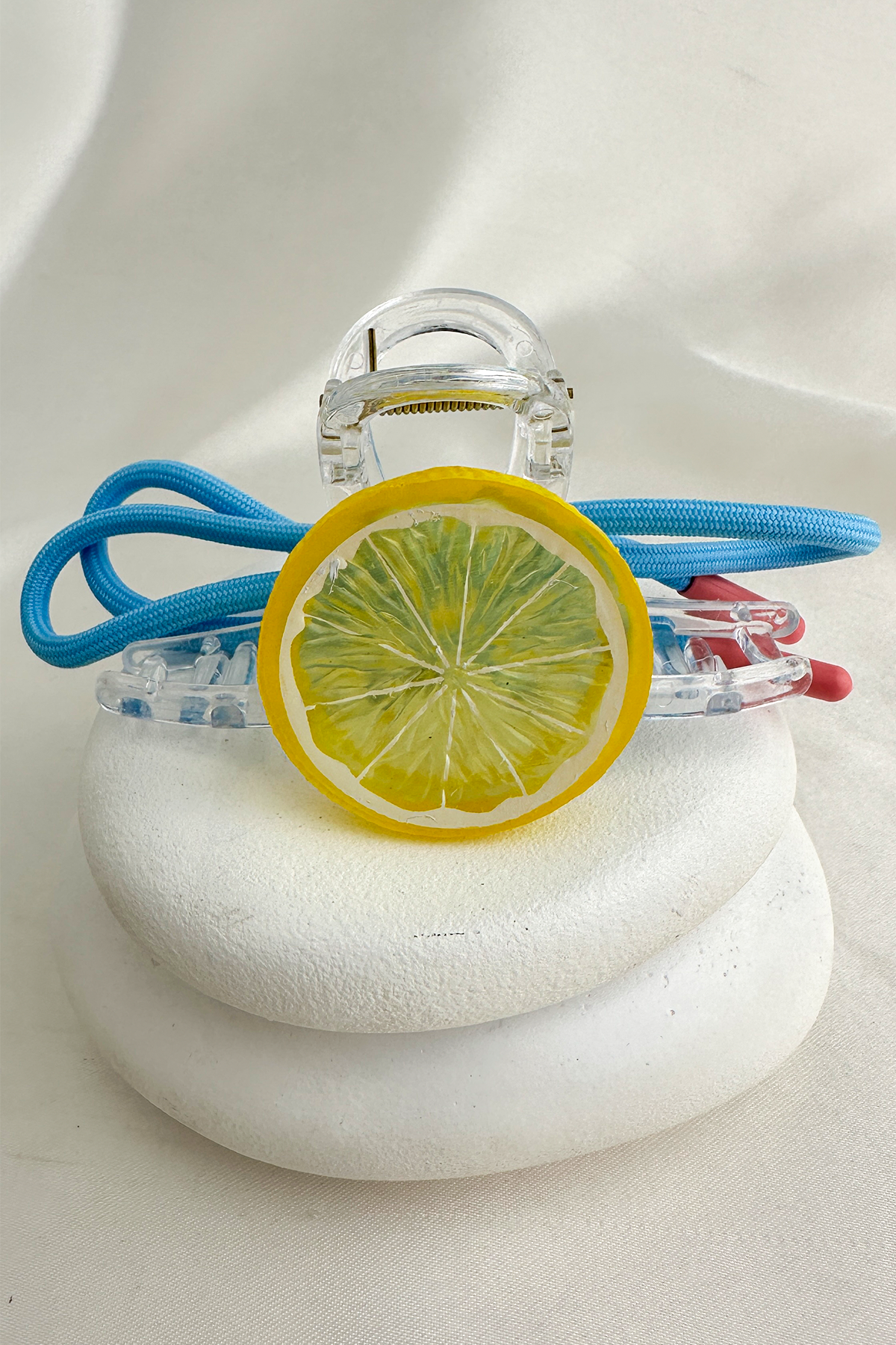 Sarı Limon Dilimi Mavi İp Detay Şeffaf Kıskaç Toka (12cm)