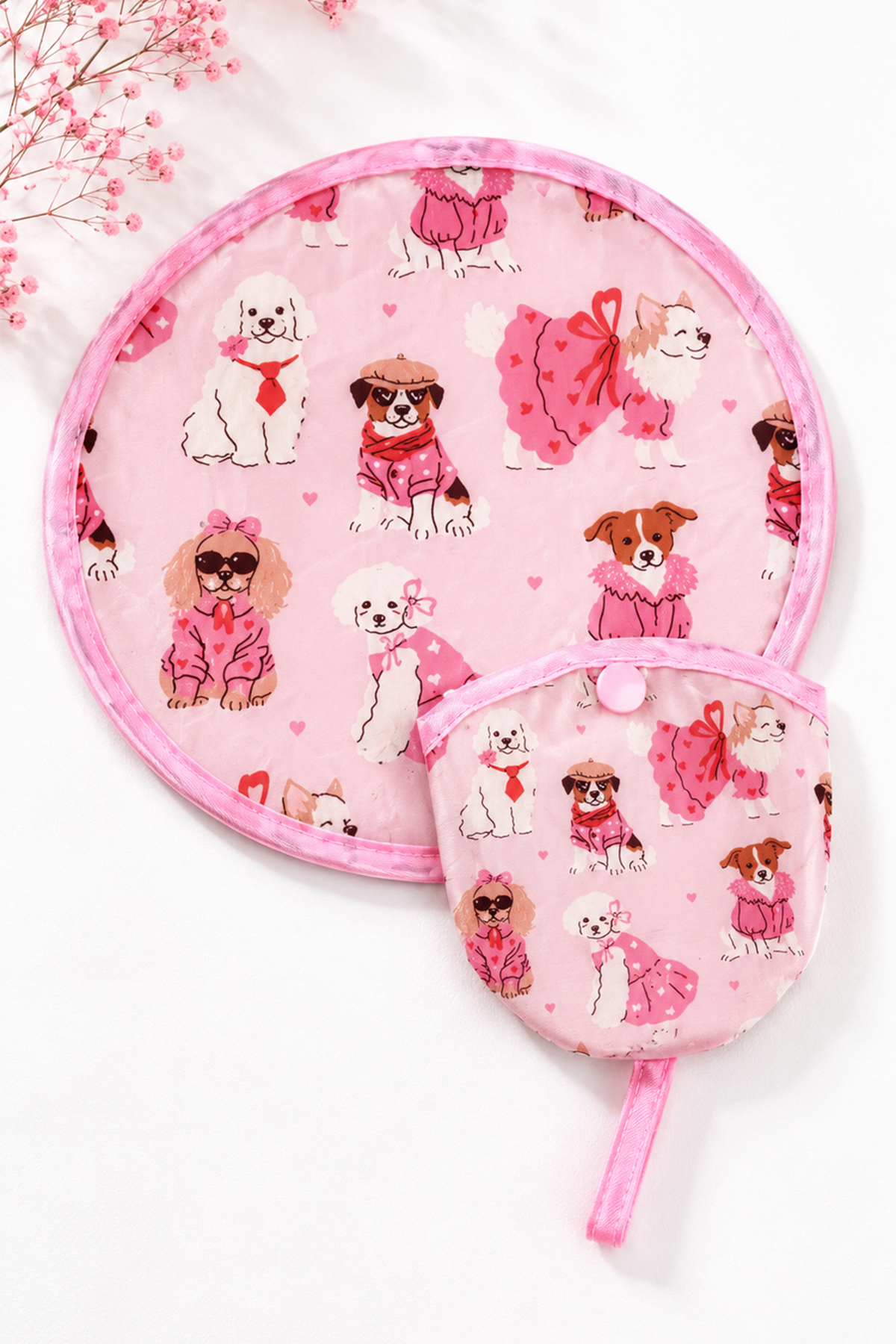 Sevimli Köpek Baskılı Katlanabilir Çantalı  Yuvarlak Yelpaze (21*21)