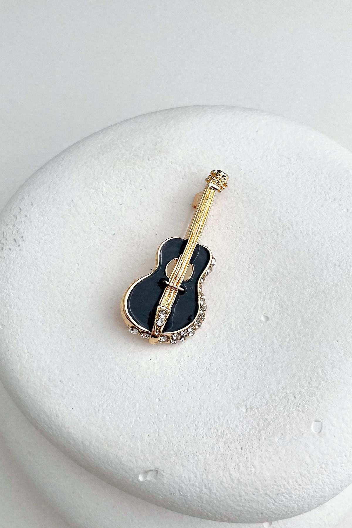 Siyah Mineli Taş Detaylı Gitar Broş (5cm)