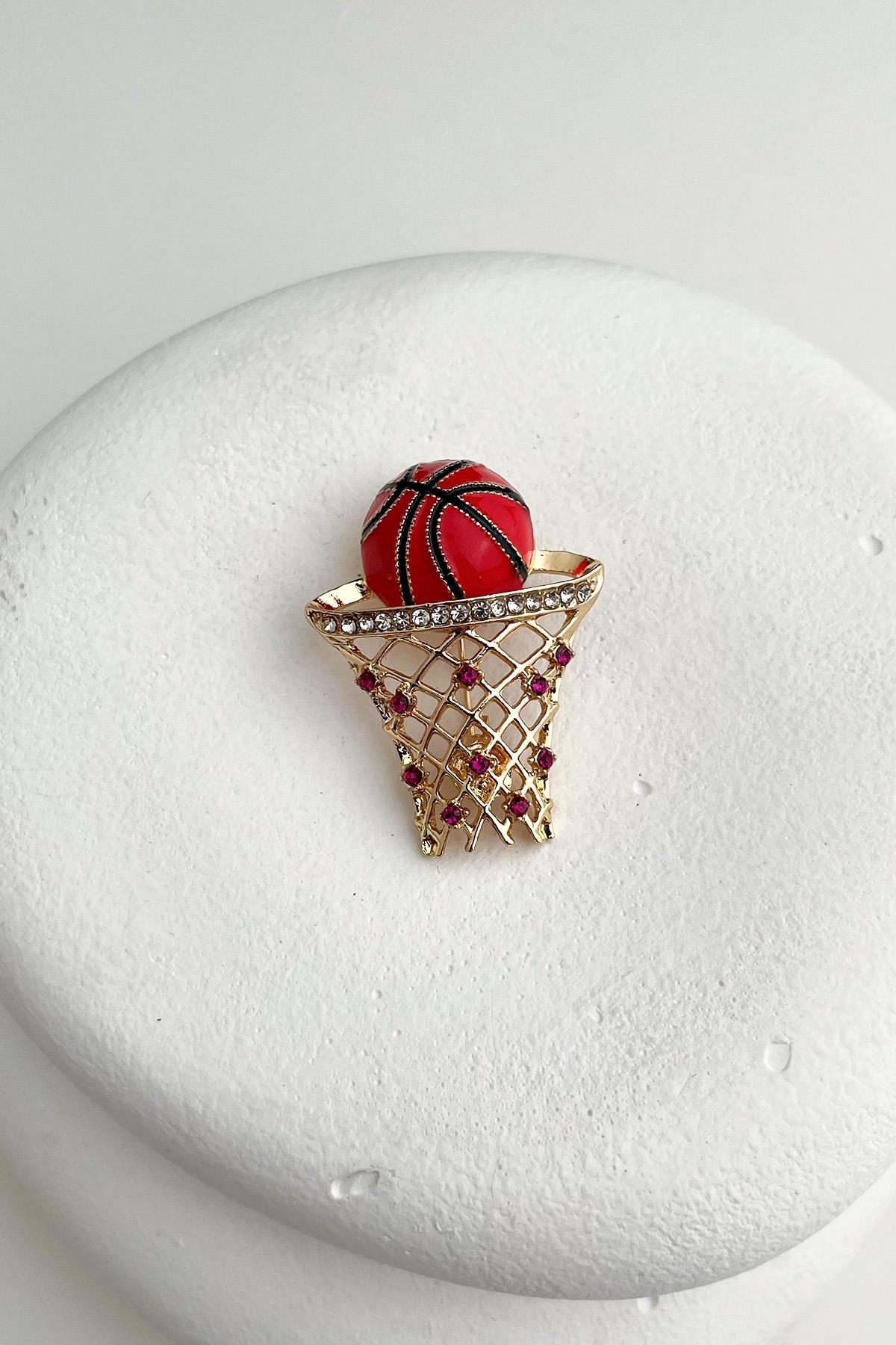 Taş Detaylı Kırmızı Top Basket Potası Broş (4cm)