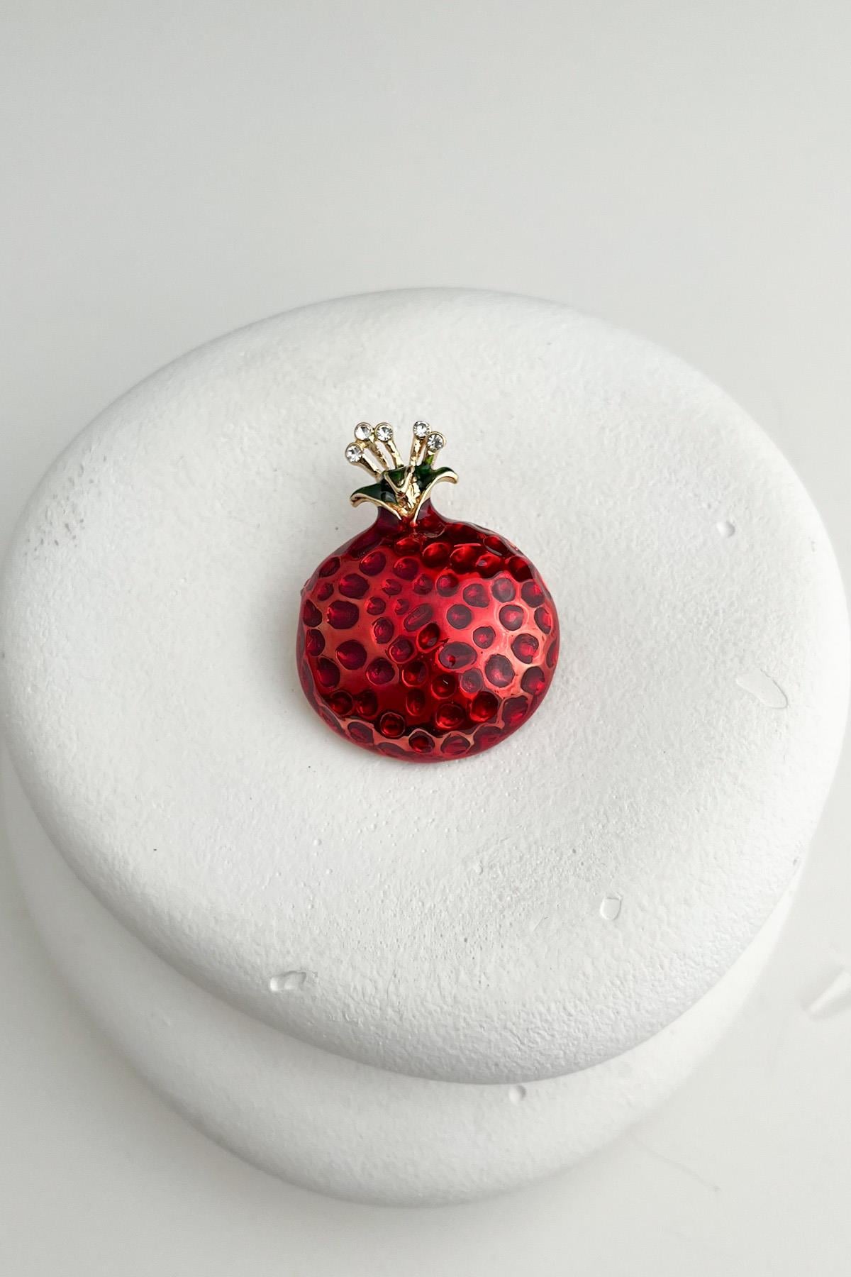 Taş Detaylı Mineli Kırmızı Nar Broş (4cm)
