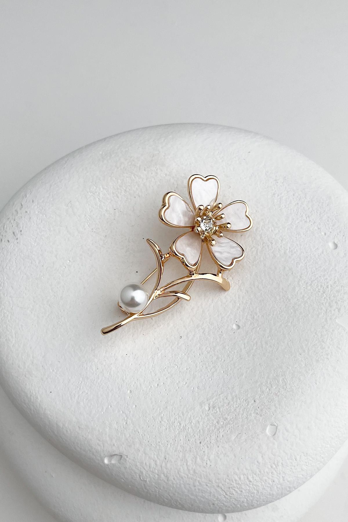 Taş Detaylı Sedefli Yonca Broş (5cm)