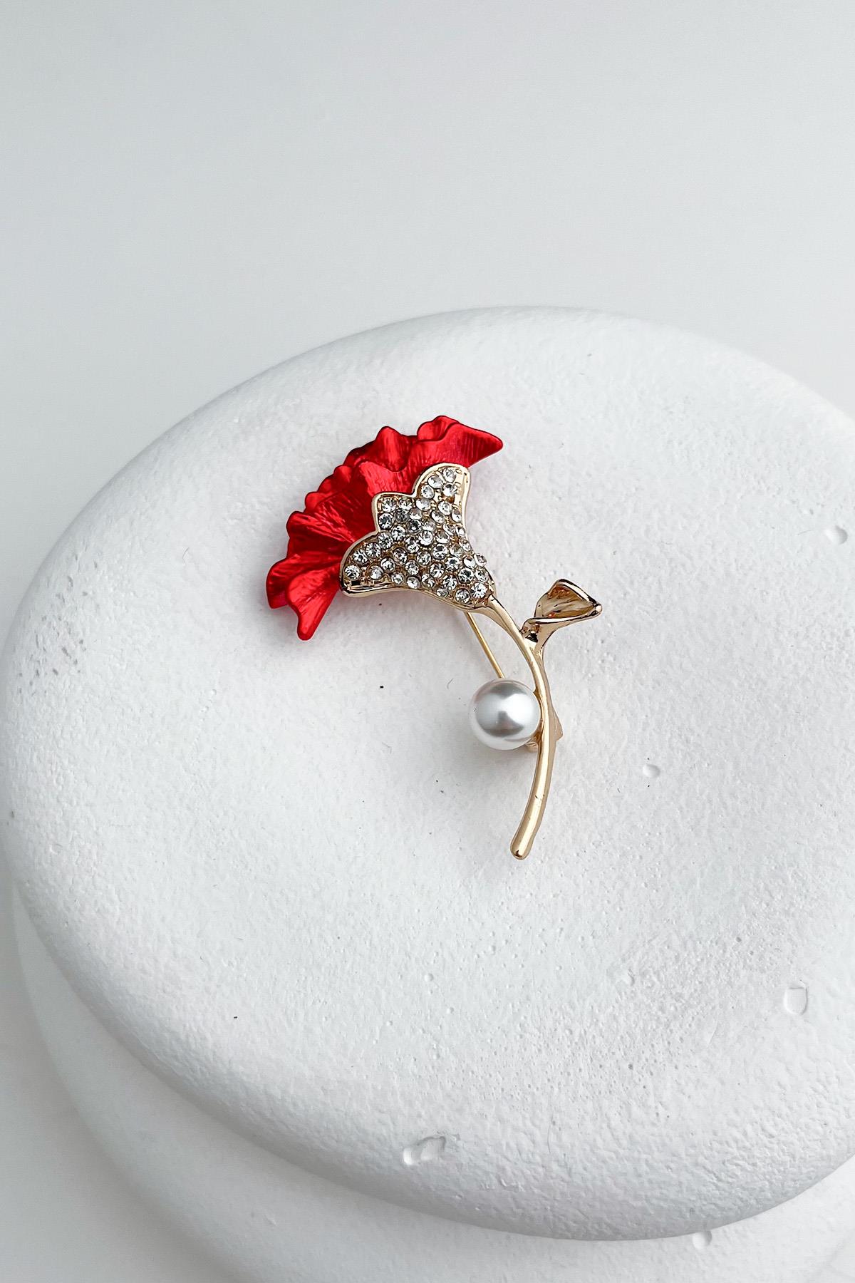 Taş İnci Detaylı Kırmızı Buket Çiçek Broş (5cm)