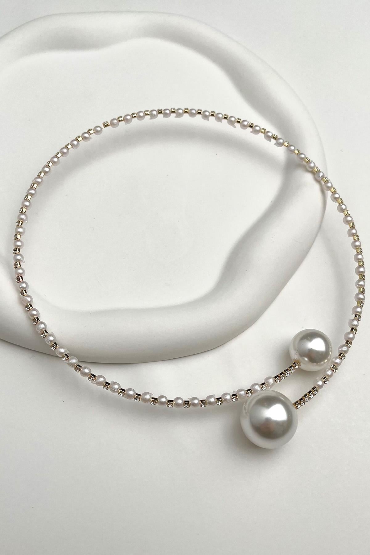 Taş İnci Sıralı Yaylı Choker Kolye