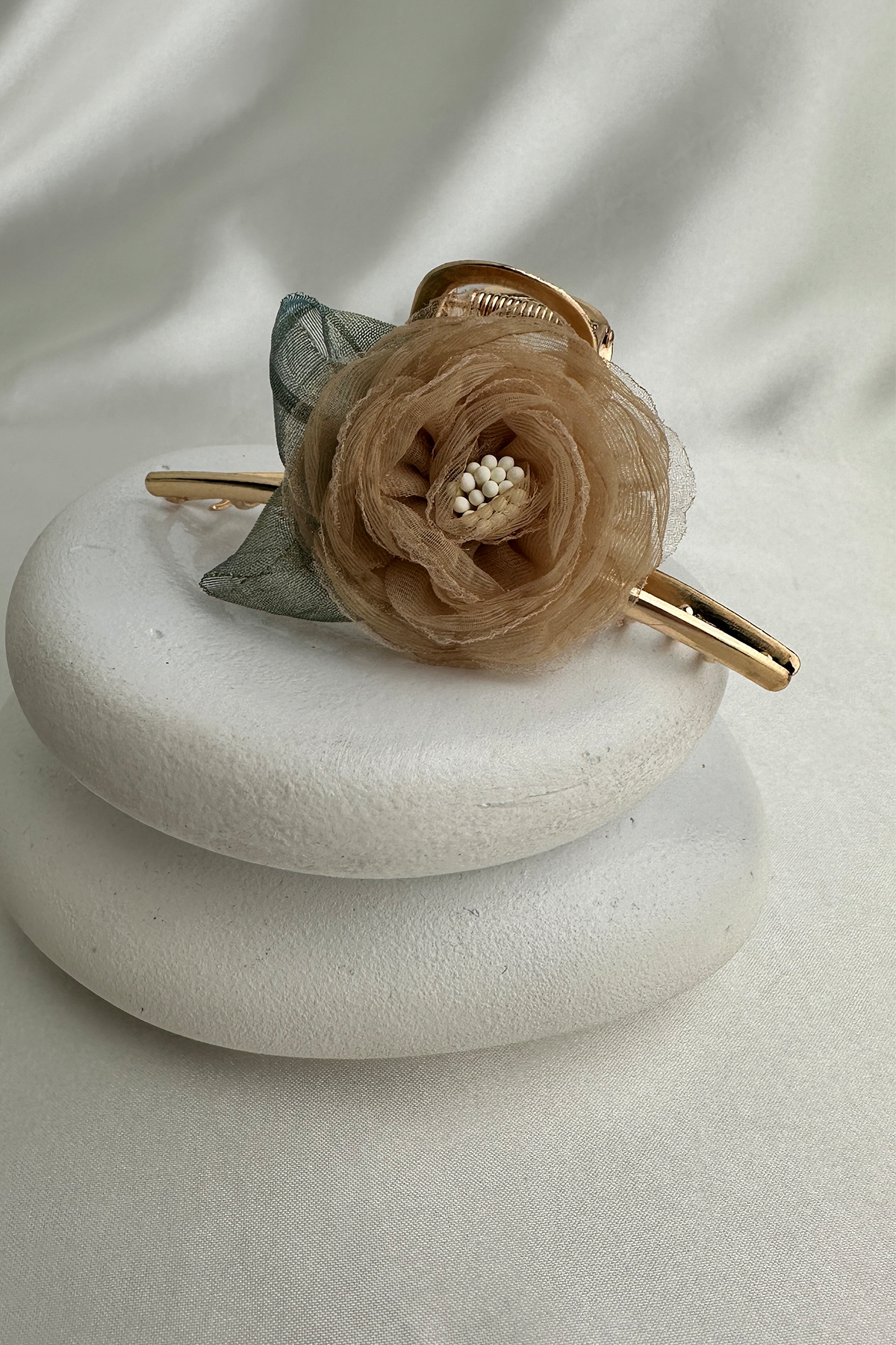 Tül Gül Detay Gold Metal Tasarım  Kıskaç Toka (10cm)