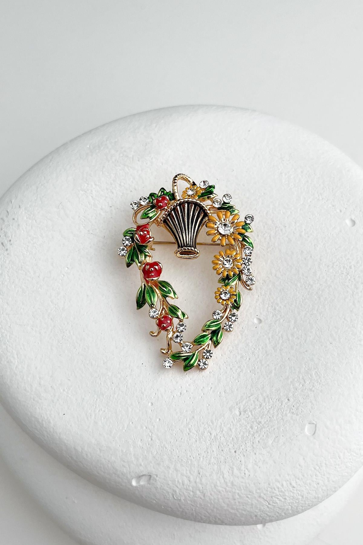 Uğur Böceği Detaylı Taşlı Çelenk Broş (5cm)