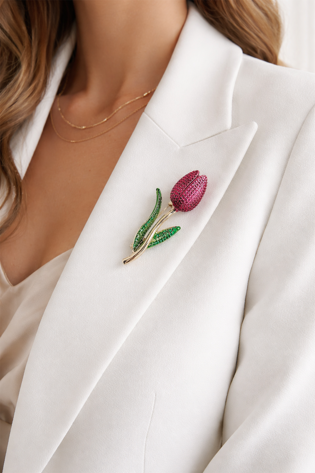 Yeşil Yaprak Detay Pembe Lale Broş (4cm)