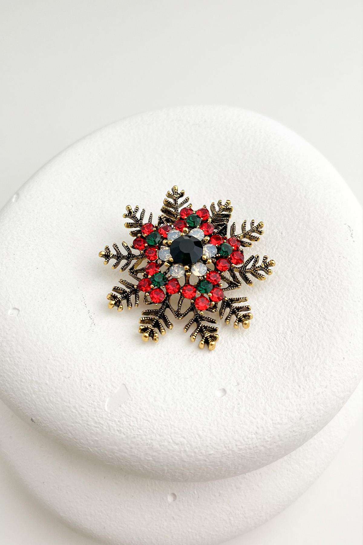 Yılbaşı Özel Taşlı Altın Rengi  Kar Tanesi Broş (4cm)
