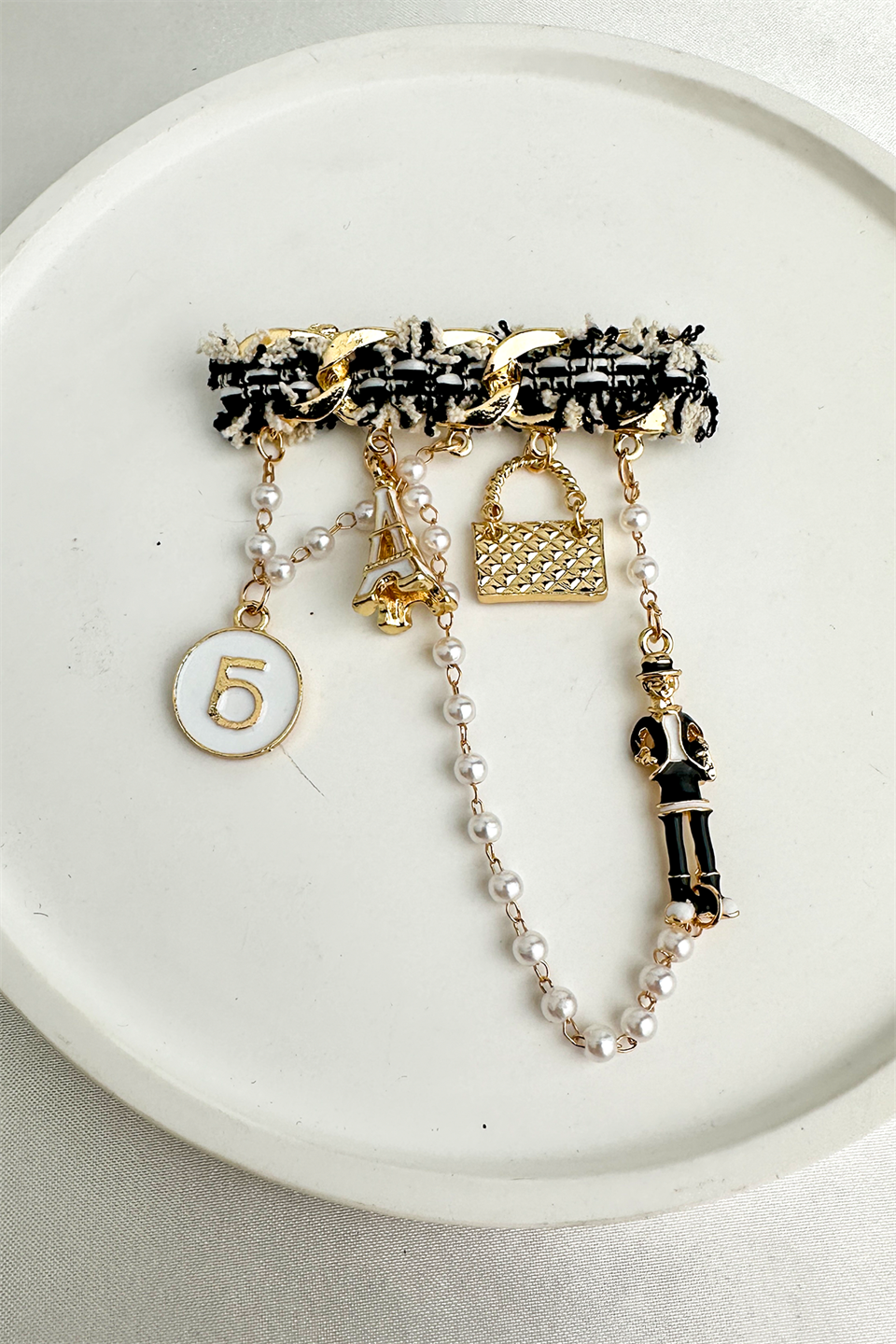 Gold Paris Temalı Charmlı Çengelli İğne Broş (6cm)