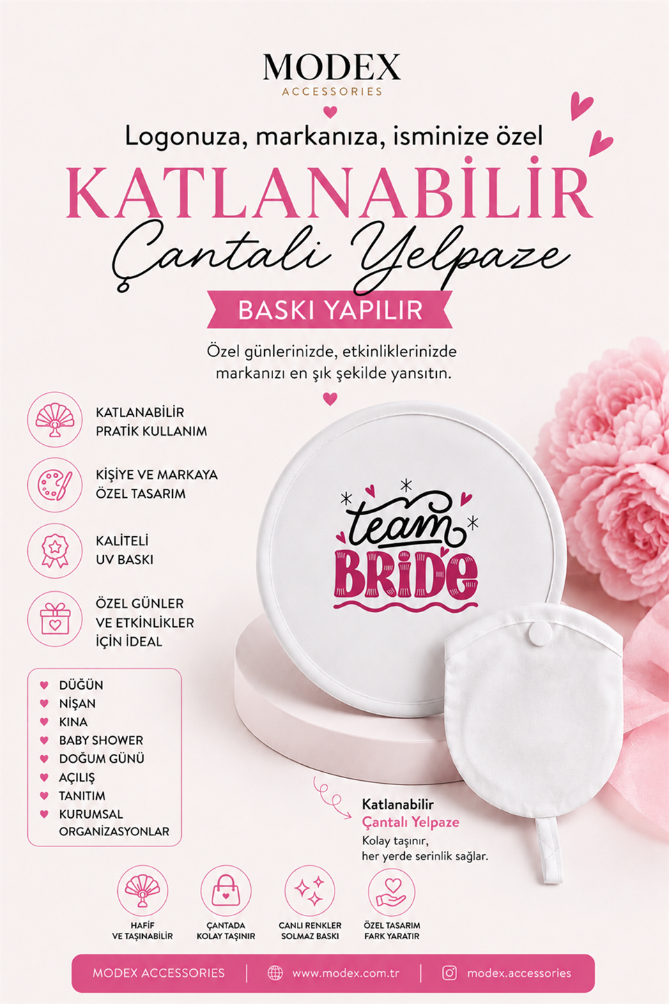 Kişiselleştirilmiş Beyaz Zemin Üzeri Logonuza Markanıza İsminize Özel Katlanabilir Yelpaze Üretimi
