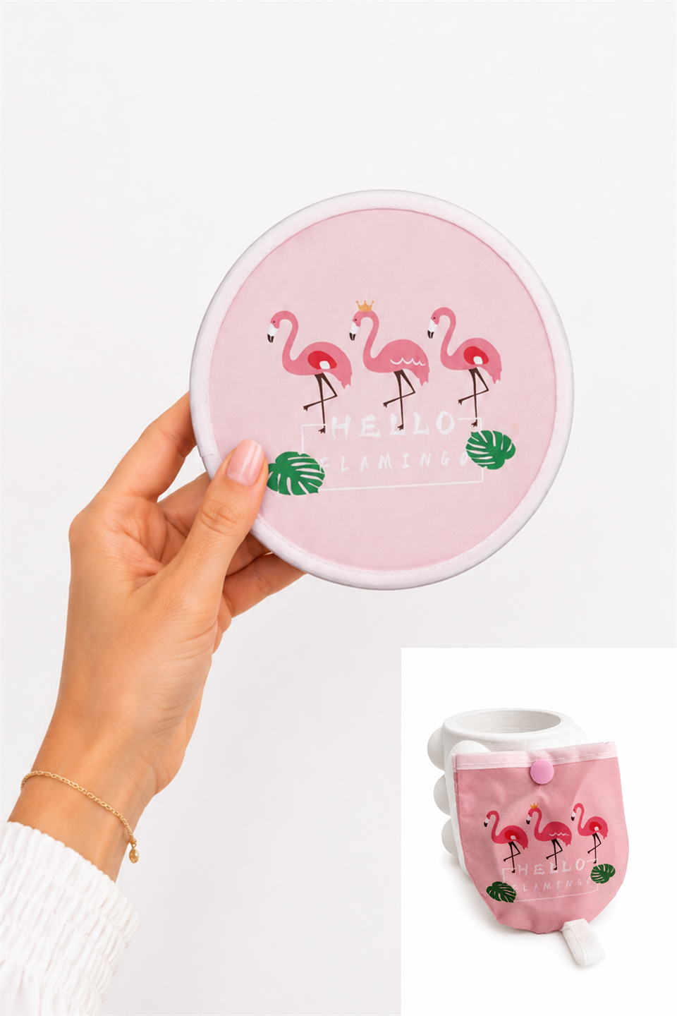 Pembe Üçlü Flamingo Desen Katlanabilir Çantalı Yelpaze (21*21)