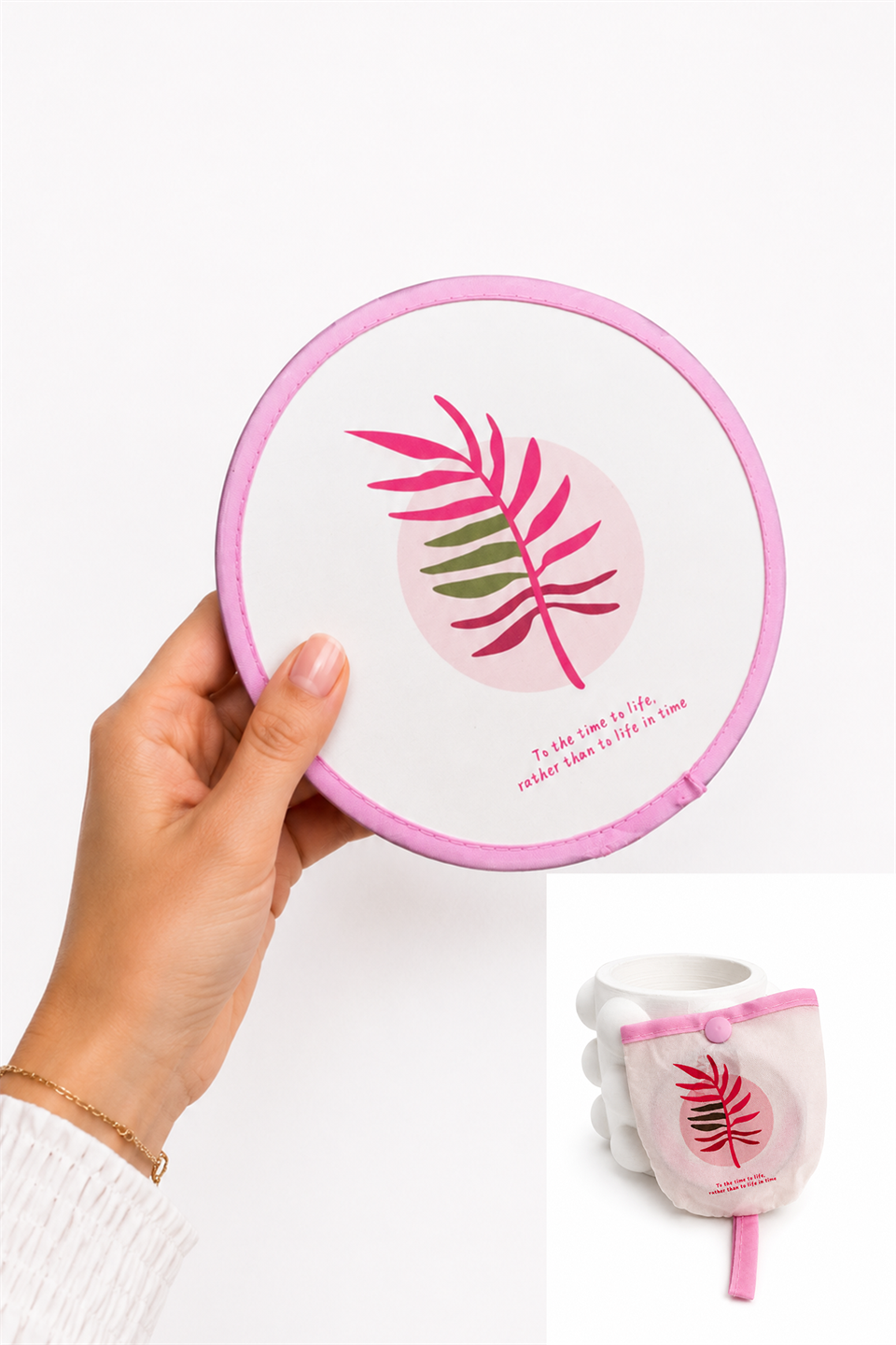 Pembe Yaprak Desen Katlanabilir Çantalı Yelpaze (21*21)