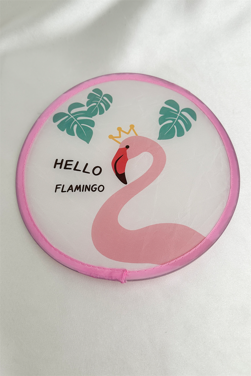 Pembe Yaprak Ve Flamingo Desen Katlanabilir Çantalı Yelpaze (21*21)