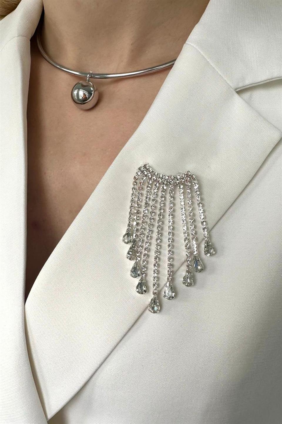 Zirkon Şerit Taş Sallantılı Şık Broş (En 2,5 cm) | Modex