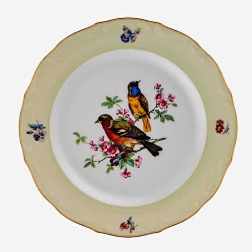 Chiara Alessi Flores Yeşil Kuşlu Ekru Porselen Pasta Tabağı 19 Cm