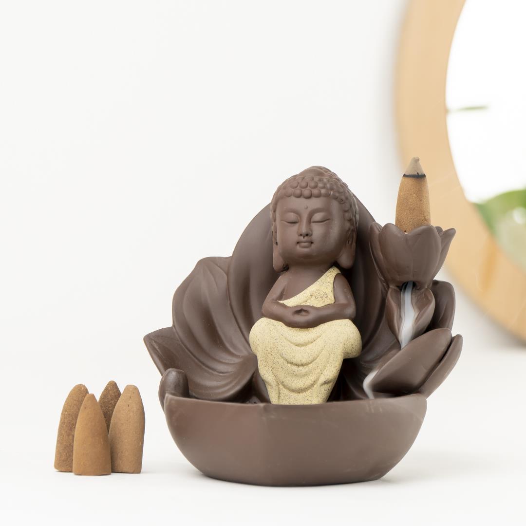 Zen Oturan Buddha Geri Akışlı Şelale Tütsülük
