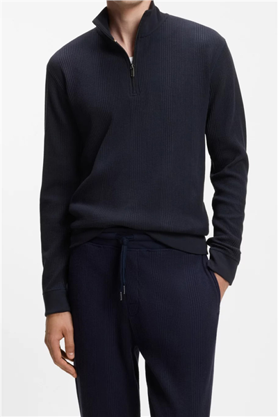 BOSS Structure 1/4 Zip Erkek Fermuarlı Sweatshirt Mavi
