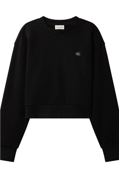 Calvin Klein A - Cropped Badge Logo Kadın Bisiklet Yaka Sweatshirt Siyah