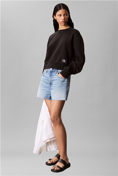Calvin Klein A - Cropped Badge Logo Kadın Bisiklet Yaka Sweatshirt Siyah