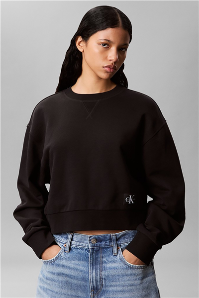 Calvin Klein A - Cropped Badge Logo Kadın Bisiklet Yaka Sweatshirt Siyah