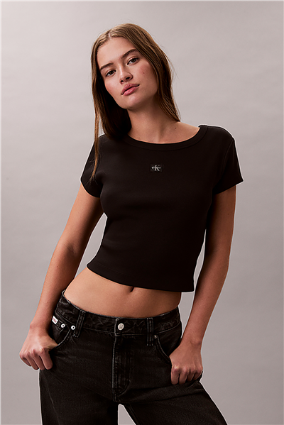 Calvin Klein A- Woven Label 2X2 Rib Baby Tee Kadın Bisiklet Yaka T-Shirt